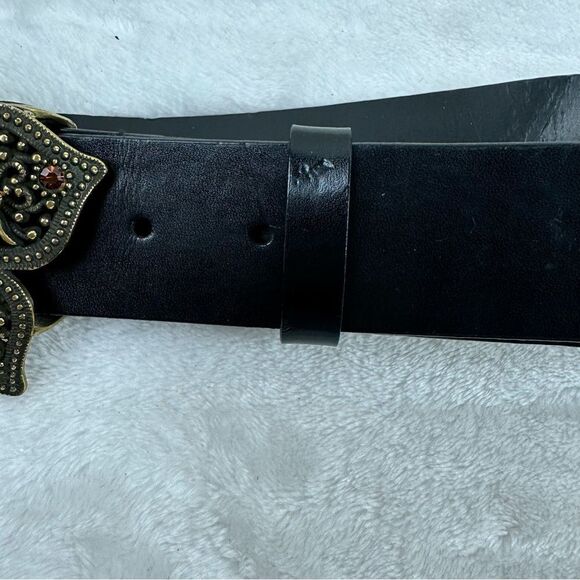 Women's M/L Black Leather Belt Bronze Metal Studded Floral Star Buckle Western - Picture 5 of 6